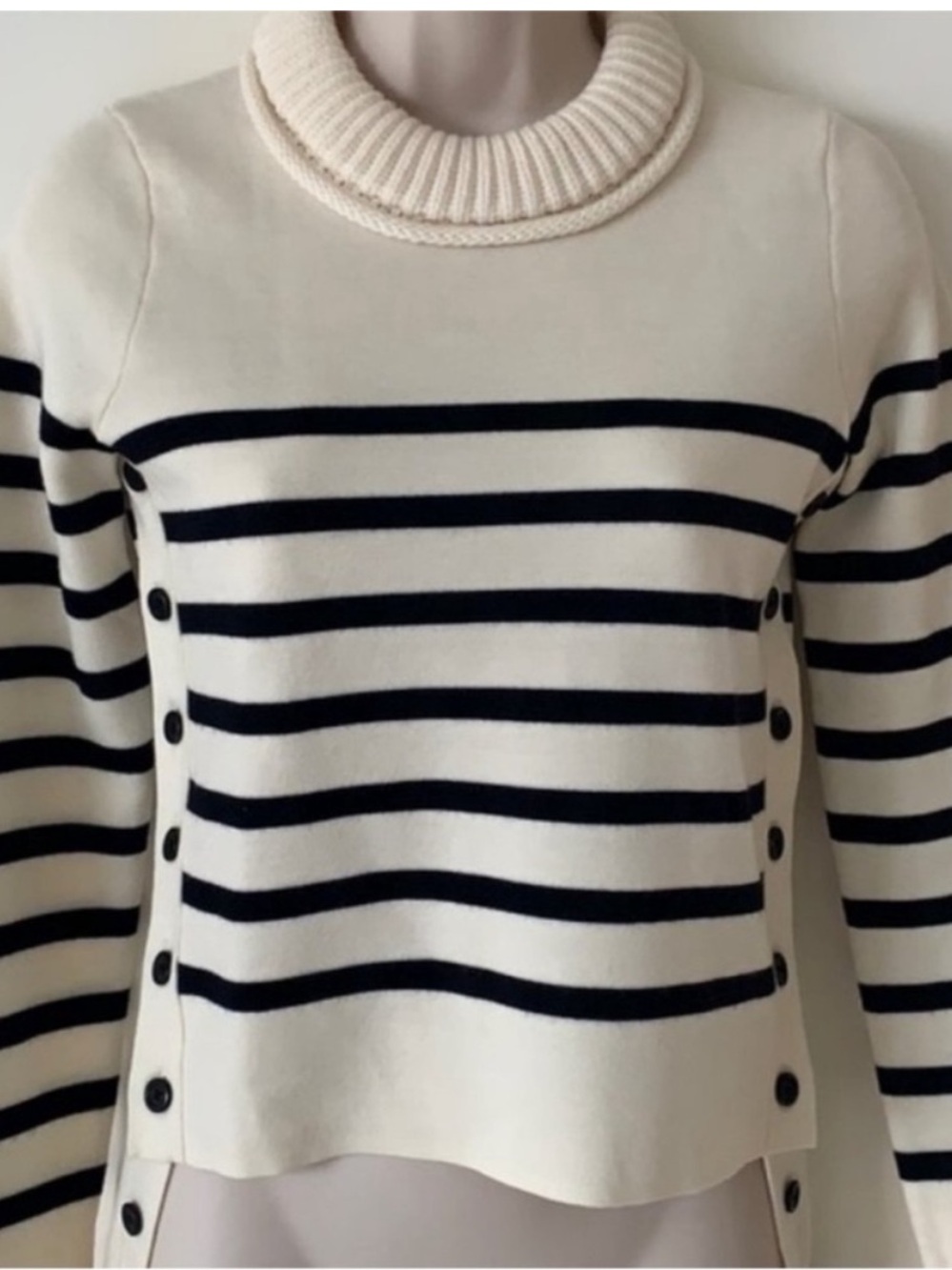 Intermix Ivory Navy Striped Wool Mock Neck Side Button Sweater Preppy Nautical P